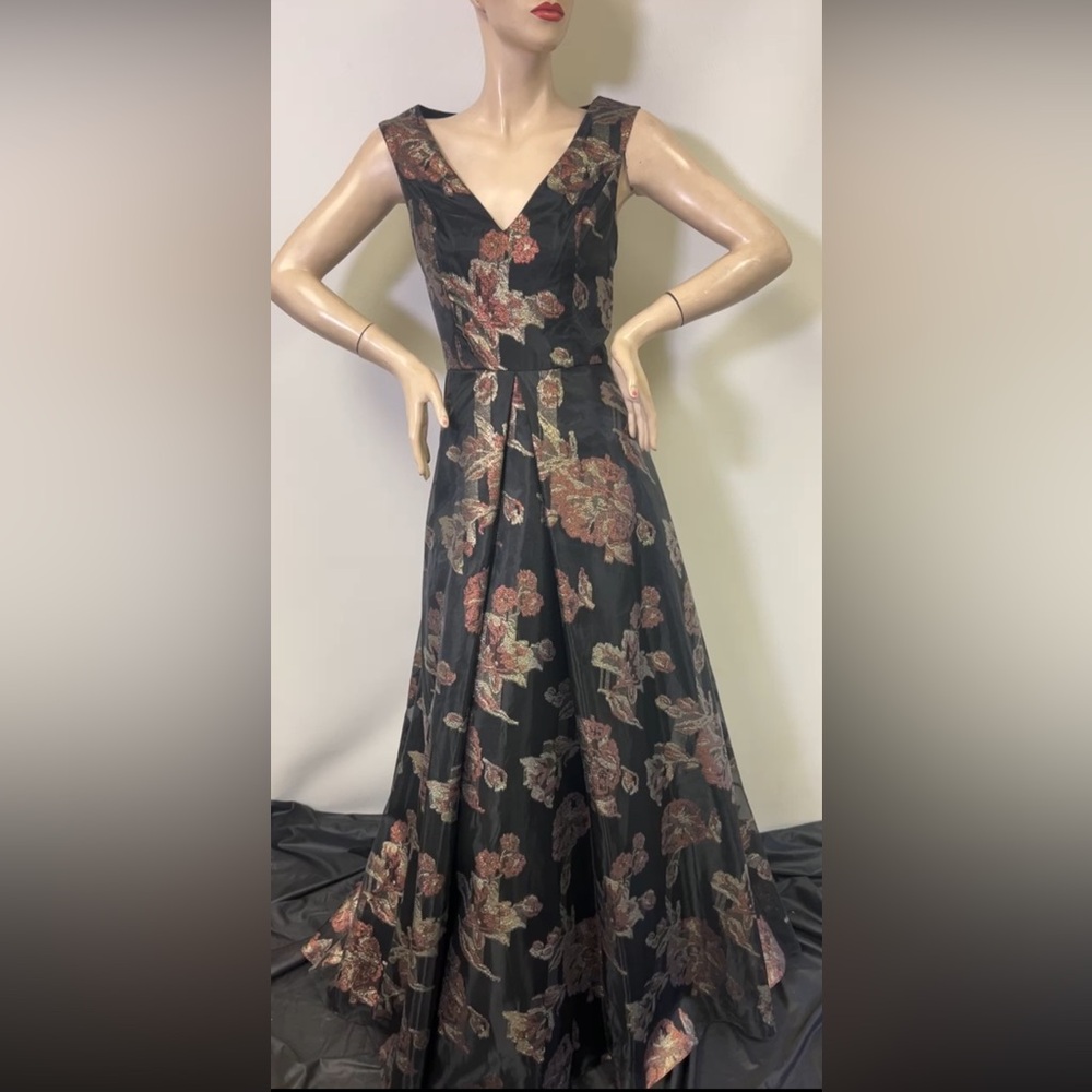 Aidan Mattox floral organza sleeveless V-Neck fit and flare long gown